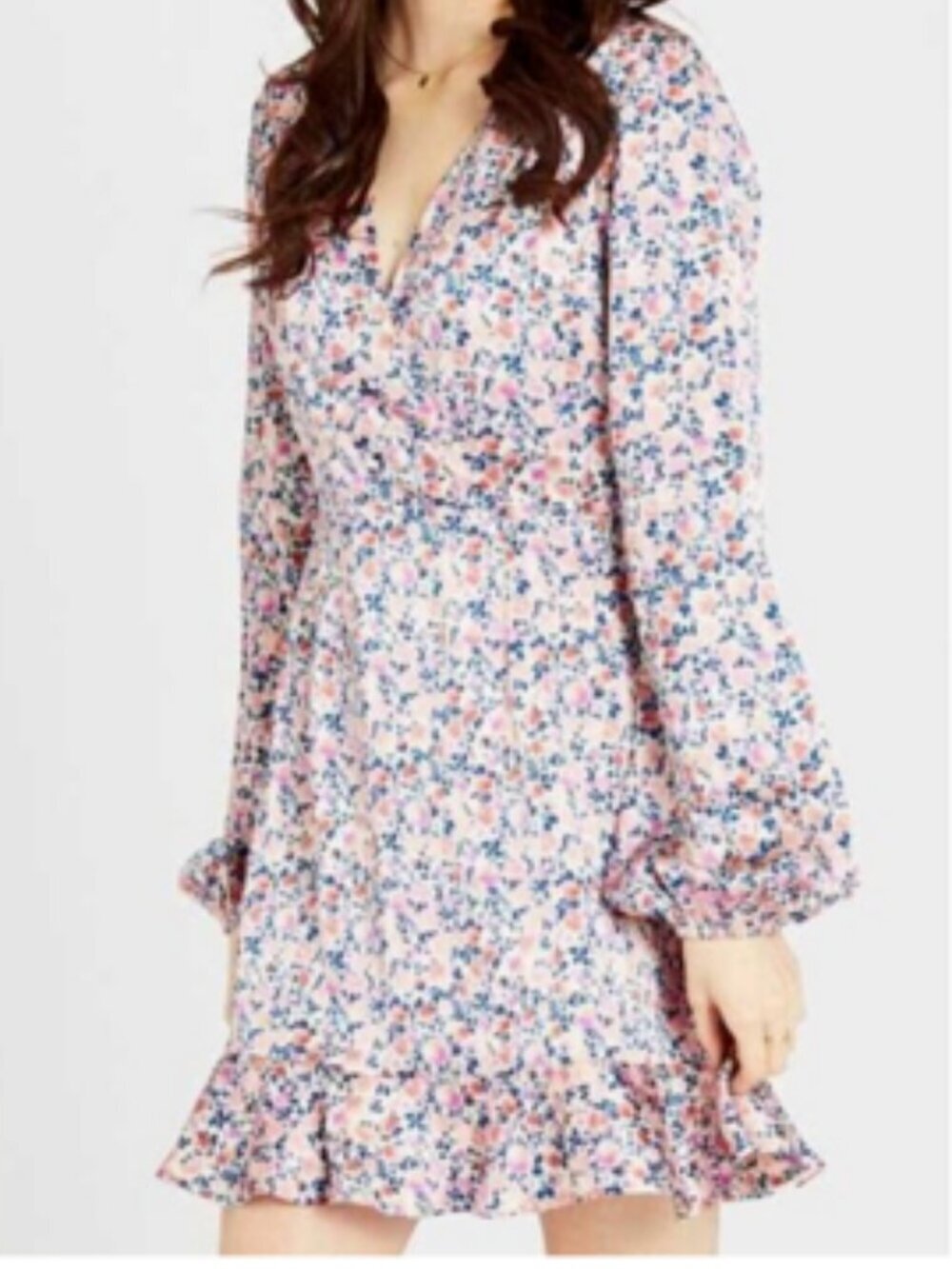 Altar’d State Satin Floral Mini Dress Ruffle Hem V-Neck Long Sleeve Large